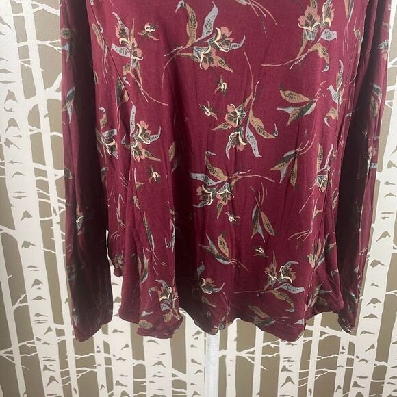 Free People Burgundy Floral Print Open Draped Back Long Sleeve Top S - Picture 4 of 10